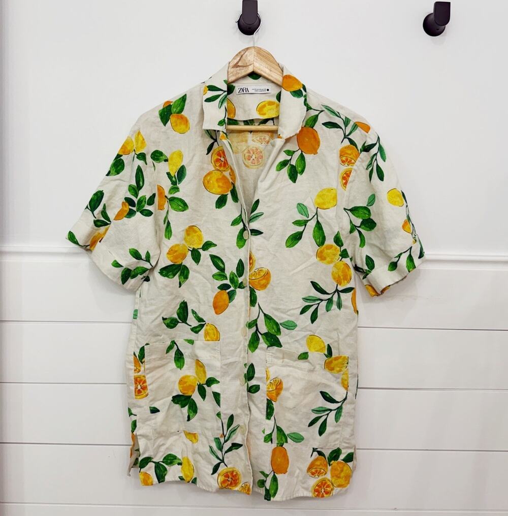 Women’s Zara White Lemon Print Linen Blend Button Up Top Shirt XS